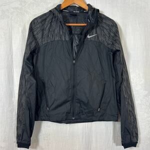 Nike Shield Flash Running Jacket Small Black Hooded Full Zip Windbreaker Pockets